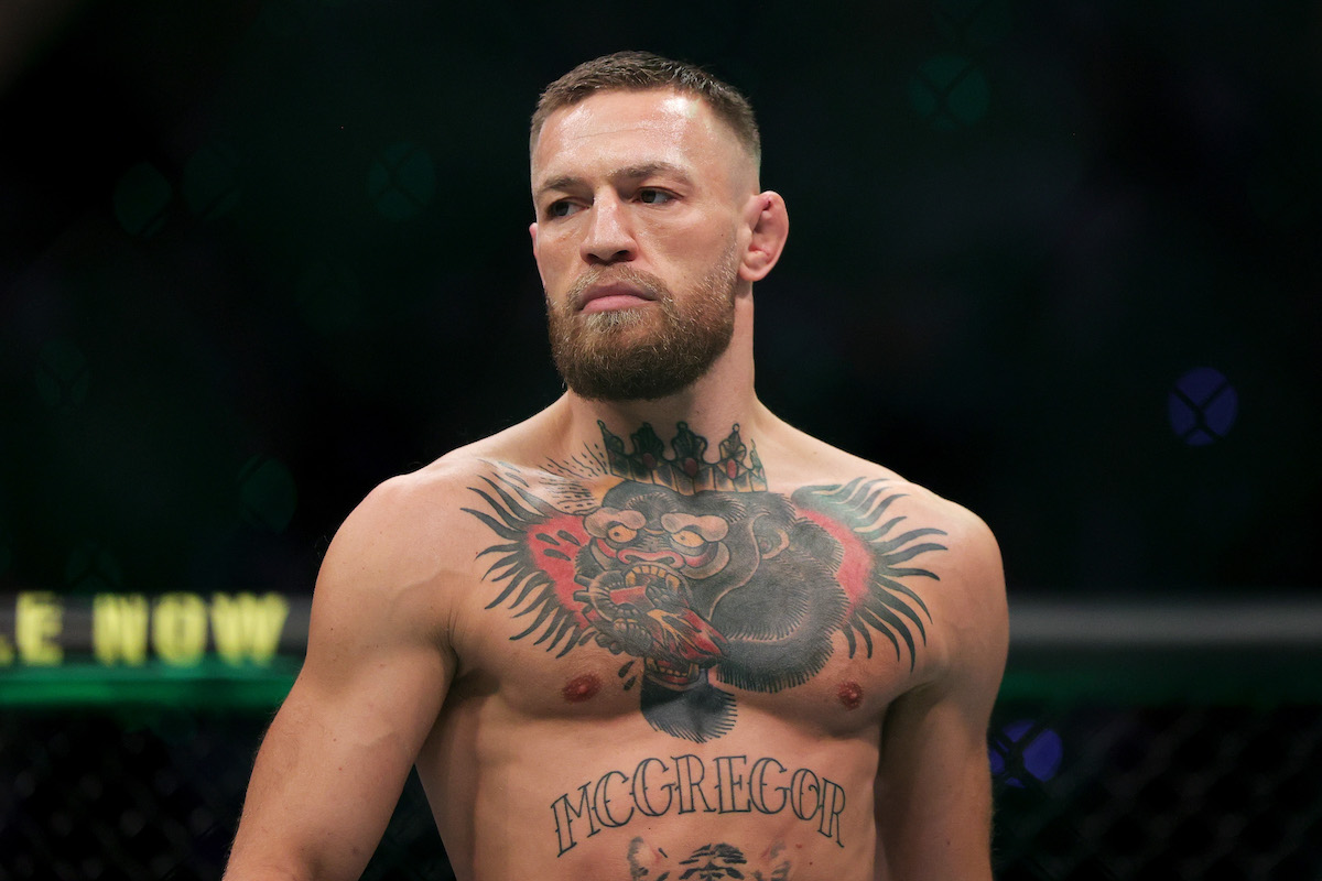 Conor McGregor stands in the octagon before his UFC lightweight bought against Dustin Poirier in July 2021 in Las Vegas