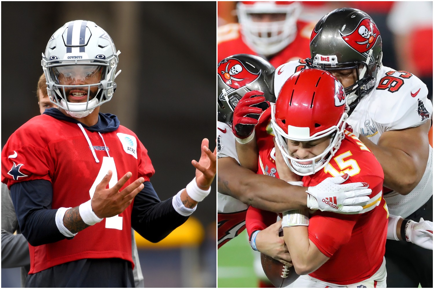 Dallas Cowboys quarterback Dak Prescott talks with teammates as Kansas City Chief QB Patrick Mahomes gets sacked by two Buccaneers defenders in Super Bowl 55.