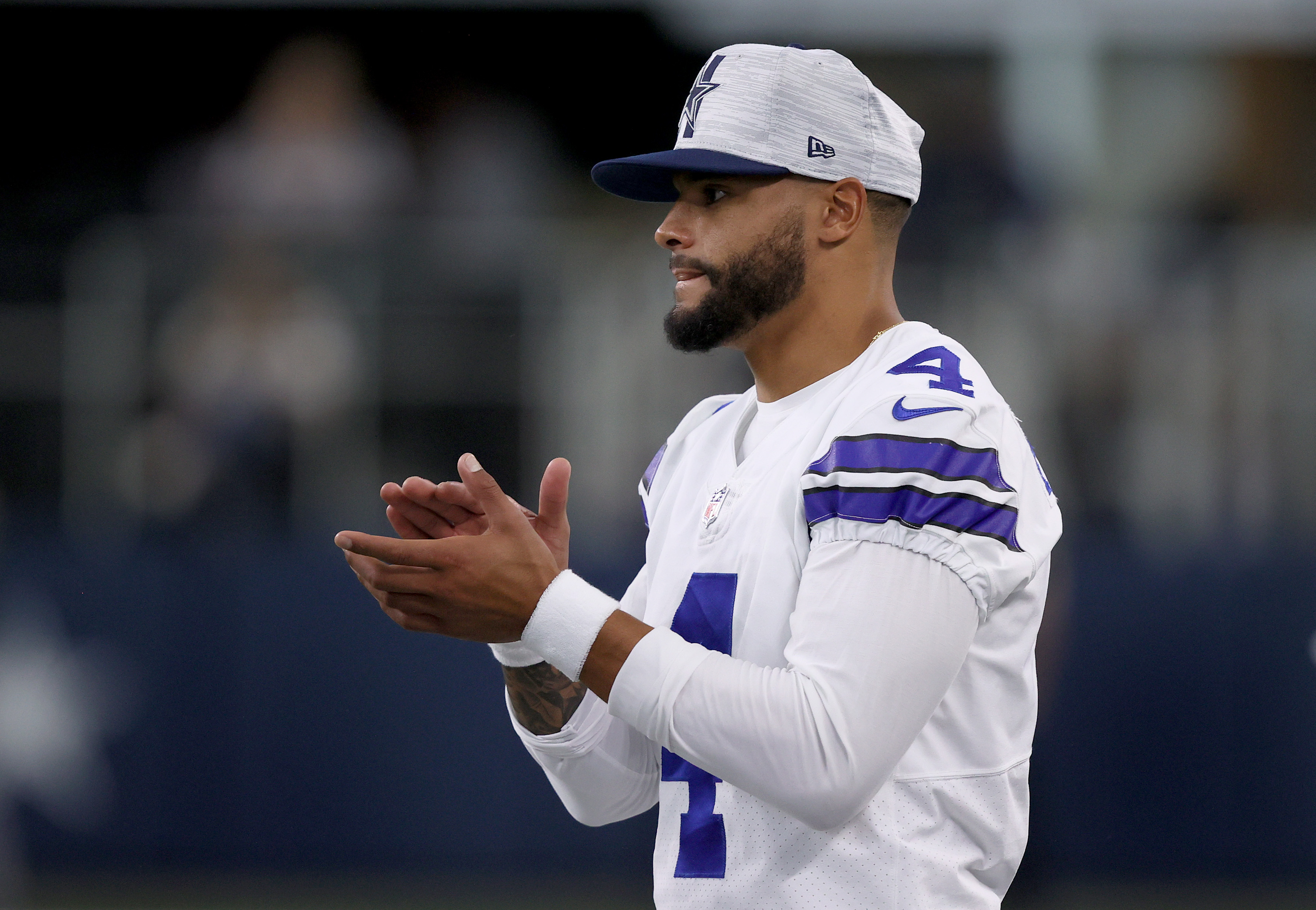 Dak Prescott on the field as the Cowboys prepare for the Buccaneers