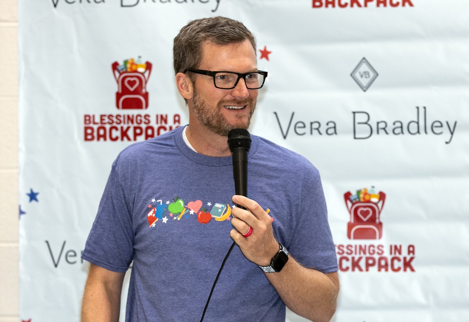 Dale Earnhardt Jr. surprised students for the Vera Bradley x Blessings In A Backpack Event at Shepherd Elementary on Sept. 16, 2019, in Mooresville, North Carolina. | Jeff Hahne/Getty Images for Vera Bradley