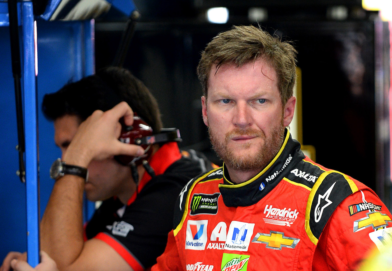 NASCAR driver Dale Earnhardt Jr. is irritated with his car as he waits for his team to make adjustments during the Monster Energy All-Star race practice at Charlotte Motor Speedway Friday, May 19, 2017 in Concord, North Carolina