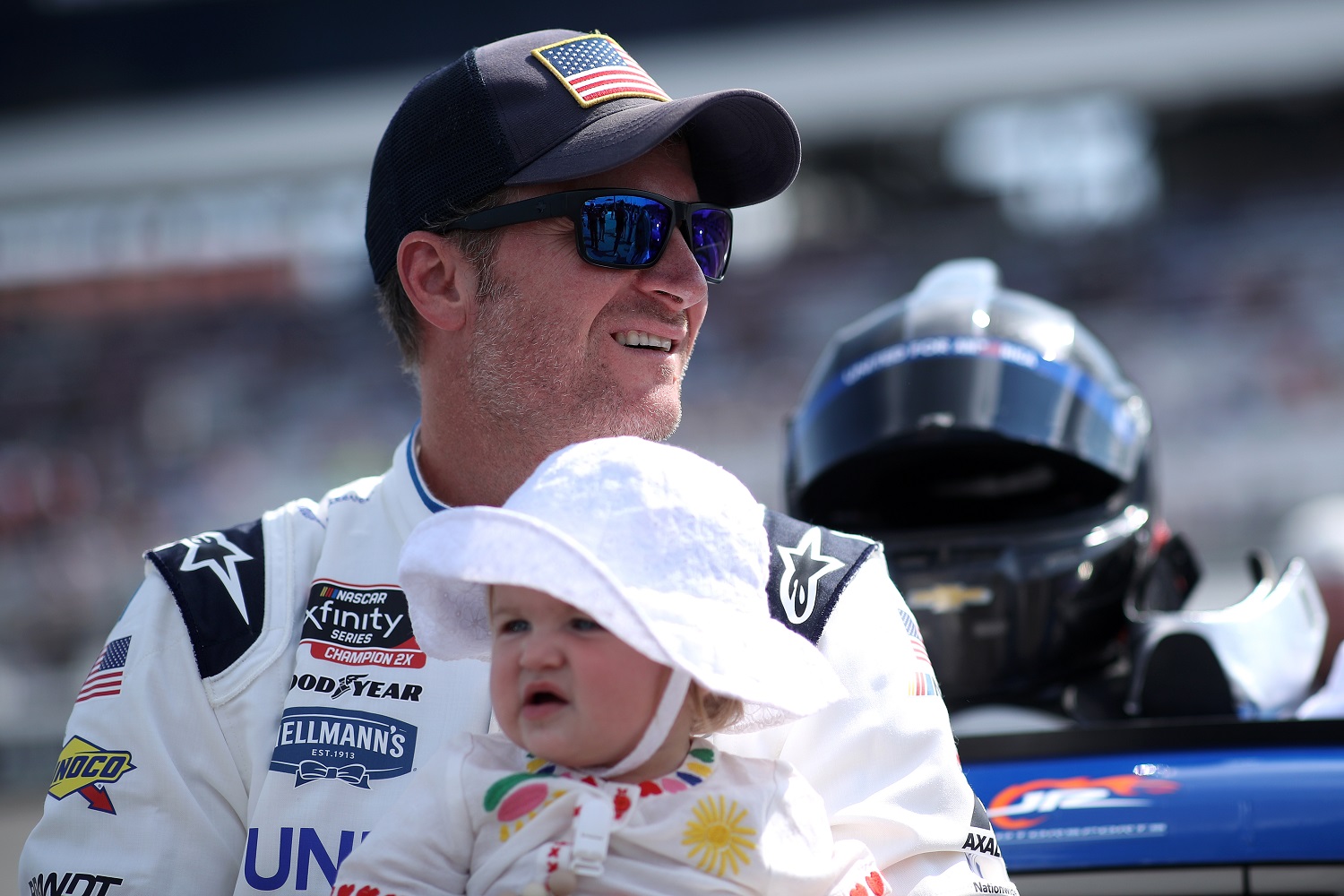 Dale Earnhardt Jr. spends time with daughter Nicole Lorraine on the grid prior to the NASCAR Xfinity Series Go Bowling 250 at Richmond Raceway on Sept. 11, 2021.
