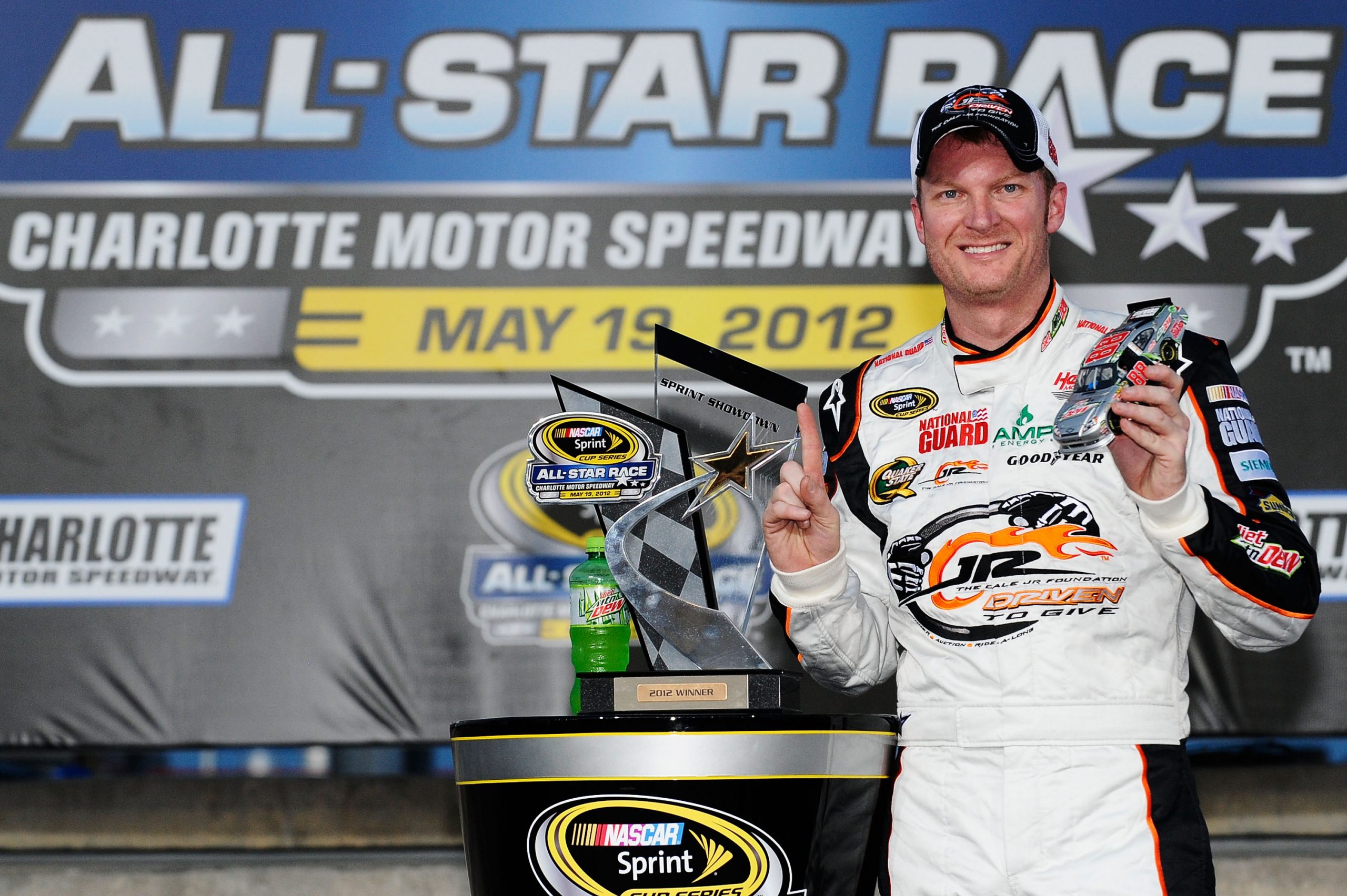 Dale Earnhardt Jr. celebrates in victory lane after winning the NASCAR Sprint Showdown at Charlotte Motor Speedway.