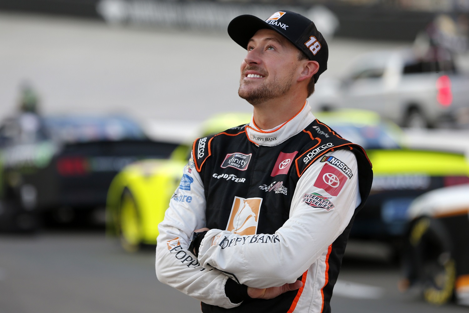 Daniel Hemric, driver of the No. 18 Joe Gibbe Racing Toyota, waits on the grid prior to the NASCAR Xfinity Series Food City 300 at Bristol Motor Speedway on Sept. 17, 2021.