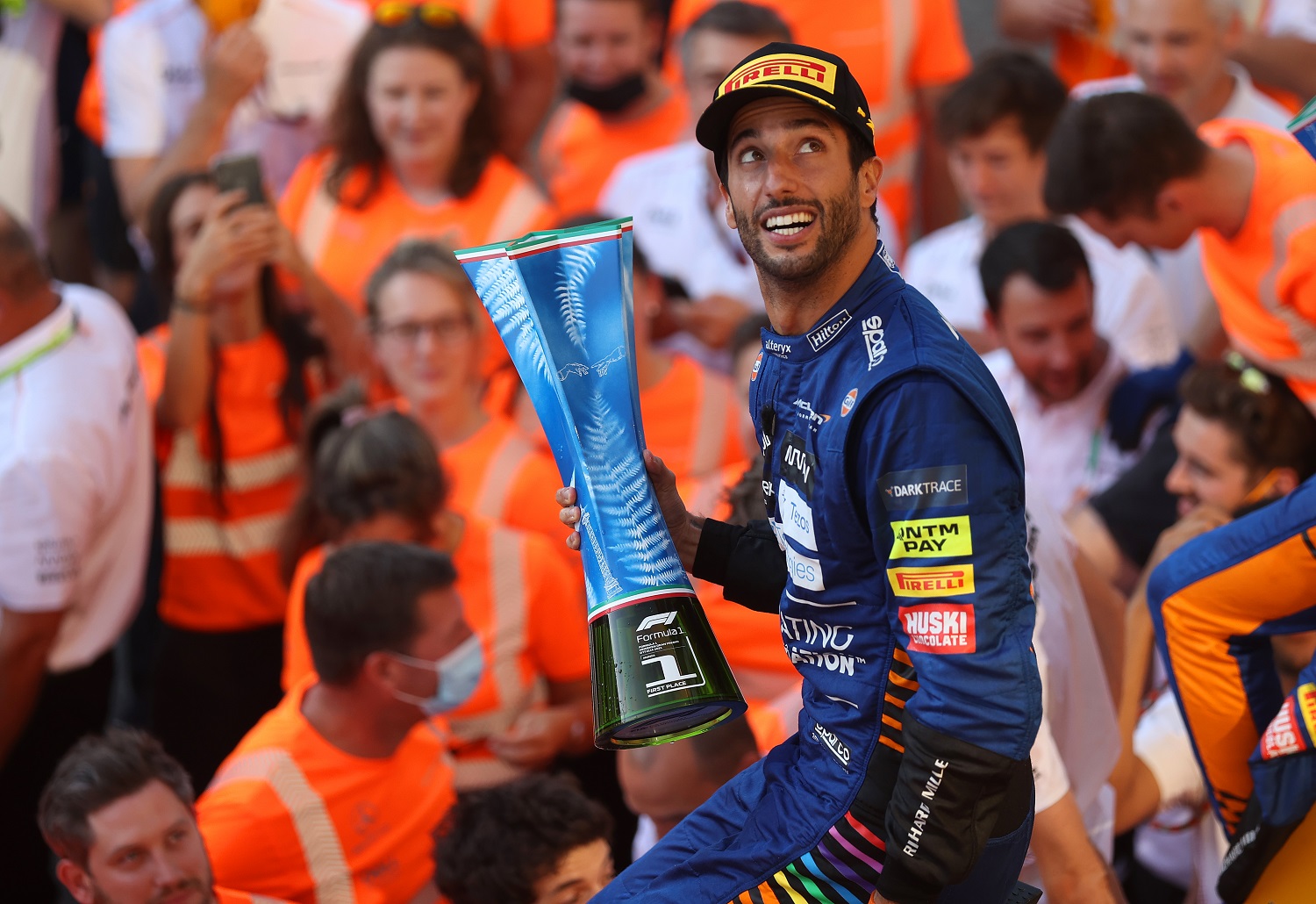 Winner Daniel Ricciardo of Australia and McLaren celebrates with his Formula 1 team after the Grand Prix of Italy at Autodromo di Monza on Sept. 12, 2021, in Monza, Italy.
