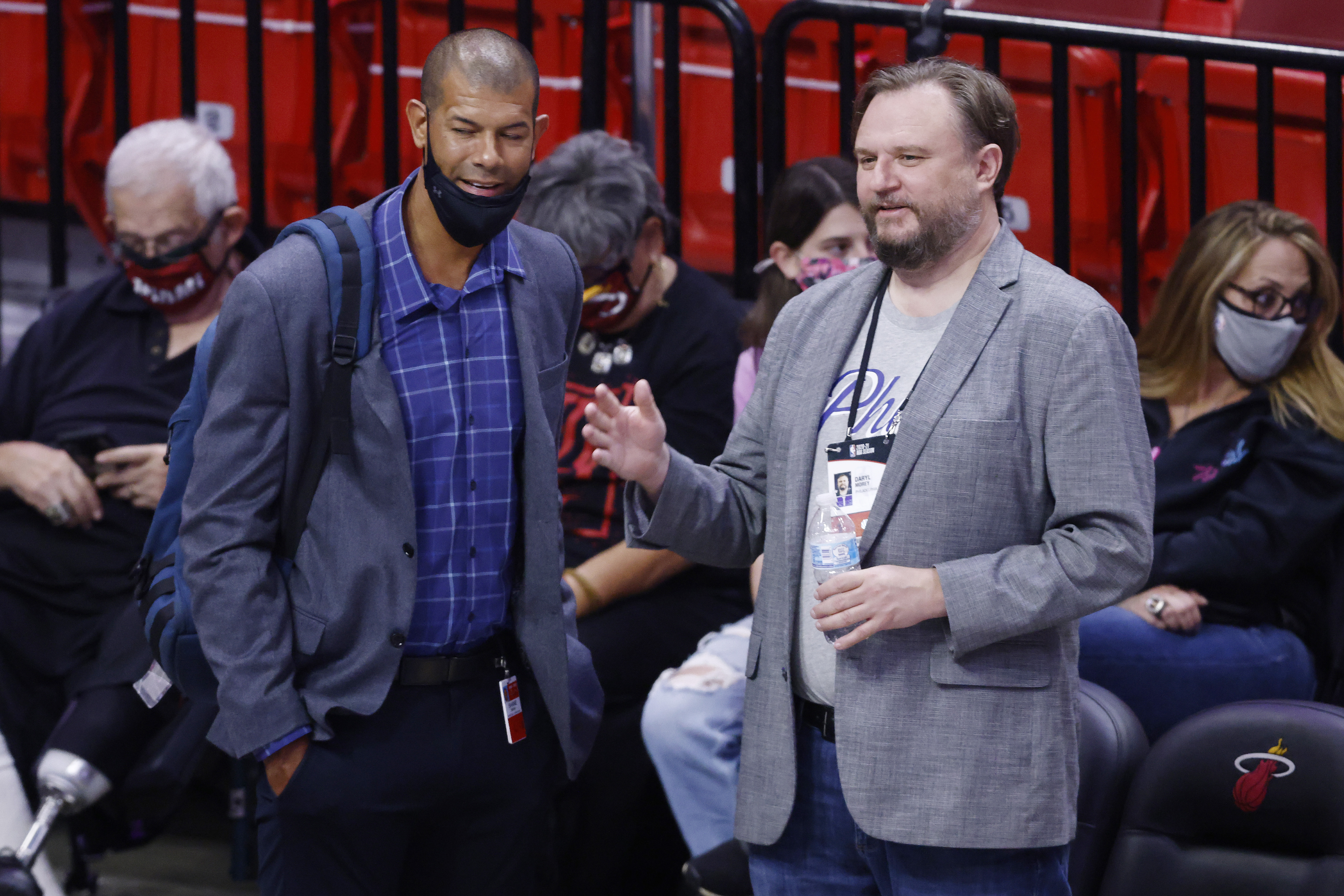 Sixers president of basketball operations Daryl Morey speaks with Shane Battier