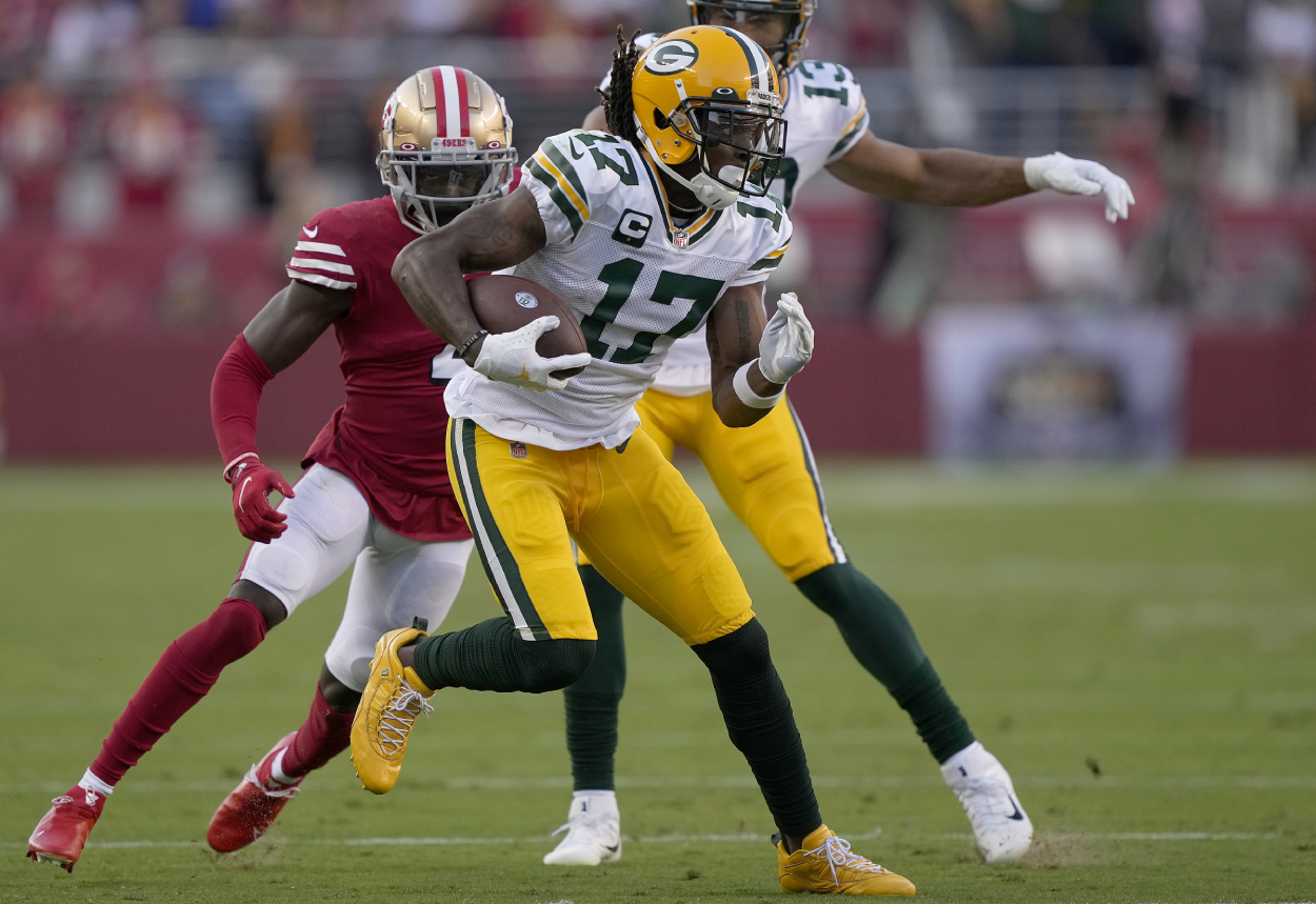 Davante Adams of the Green Bay Packers runs after catching a pass against the San Francisco 49ers.