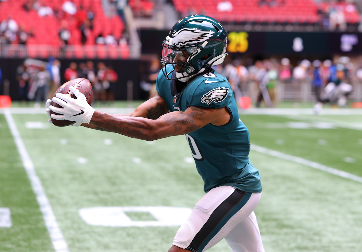 DeVonta Smith catching a TD against the Falcons.