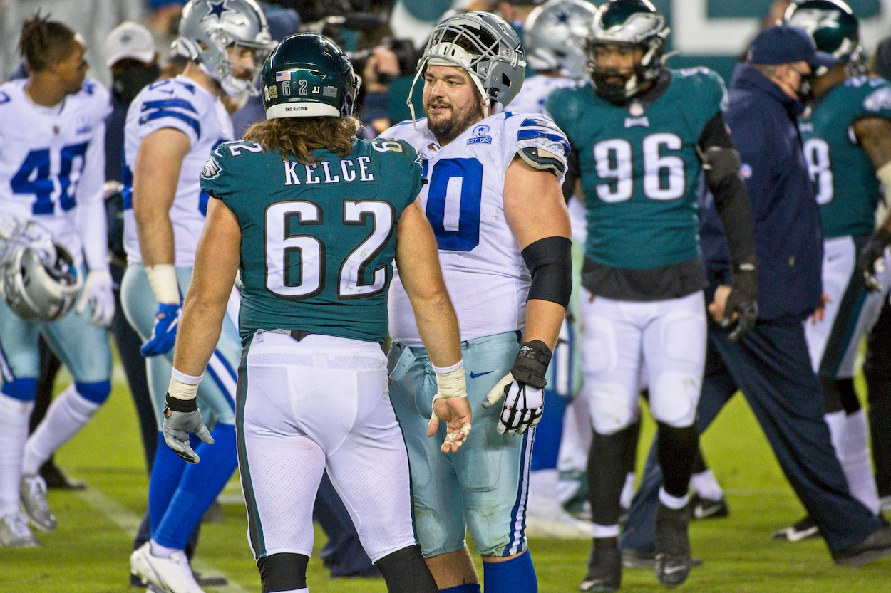 Philadelphia Eagles and Dallas Cowboys players during a 2020 game.