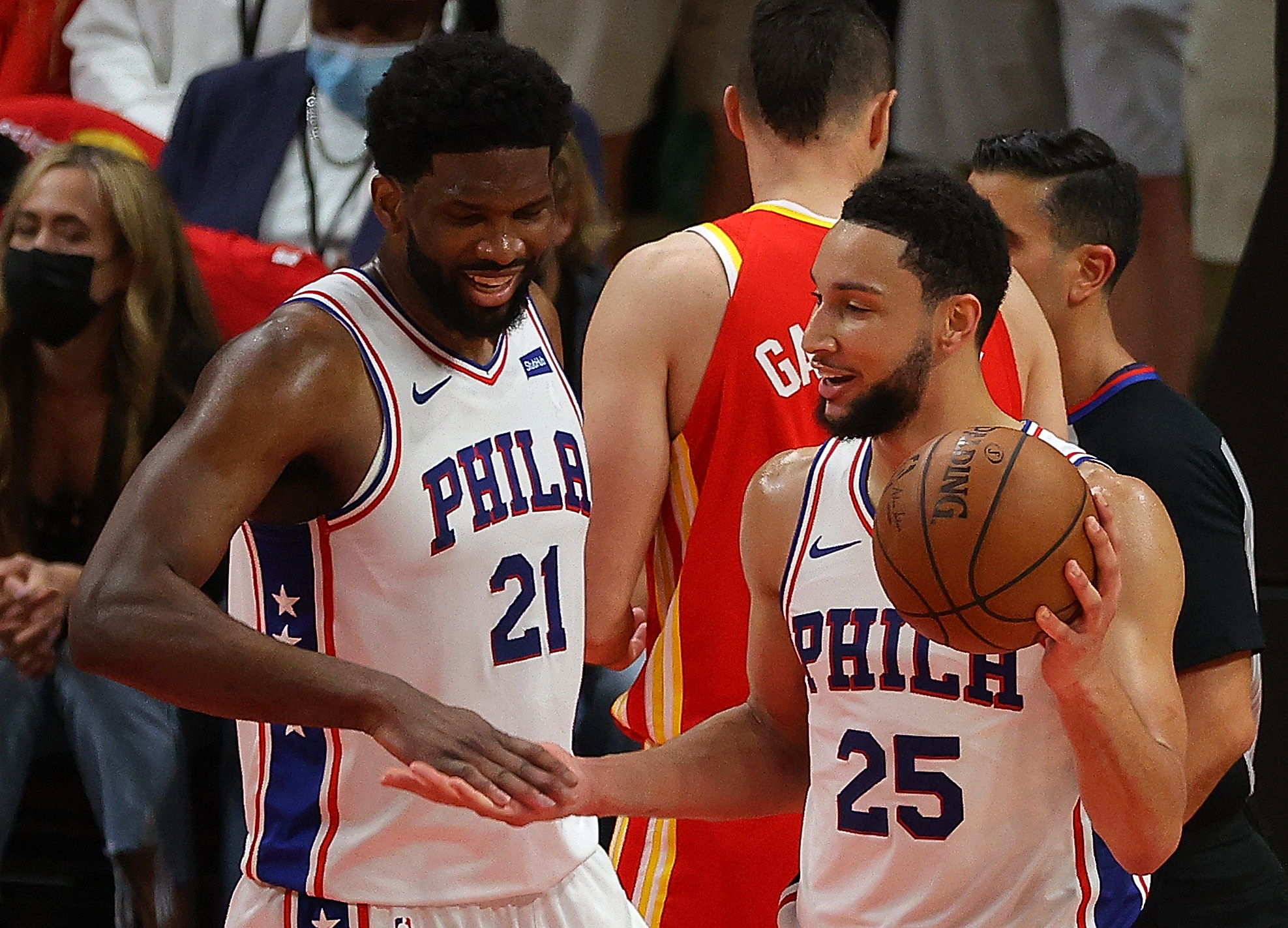 Sixers stars Joel Embiid and Ben Simmons dap up during Game 3 of the Eastern Conference semifinals