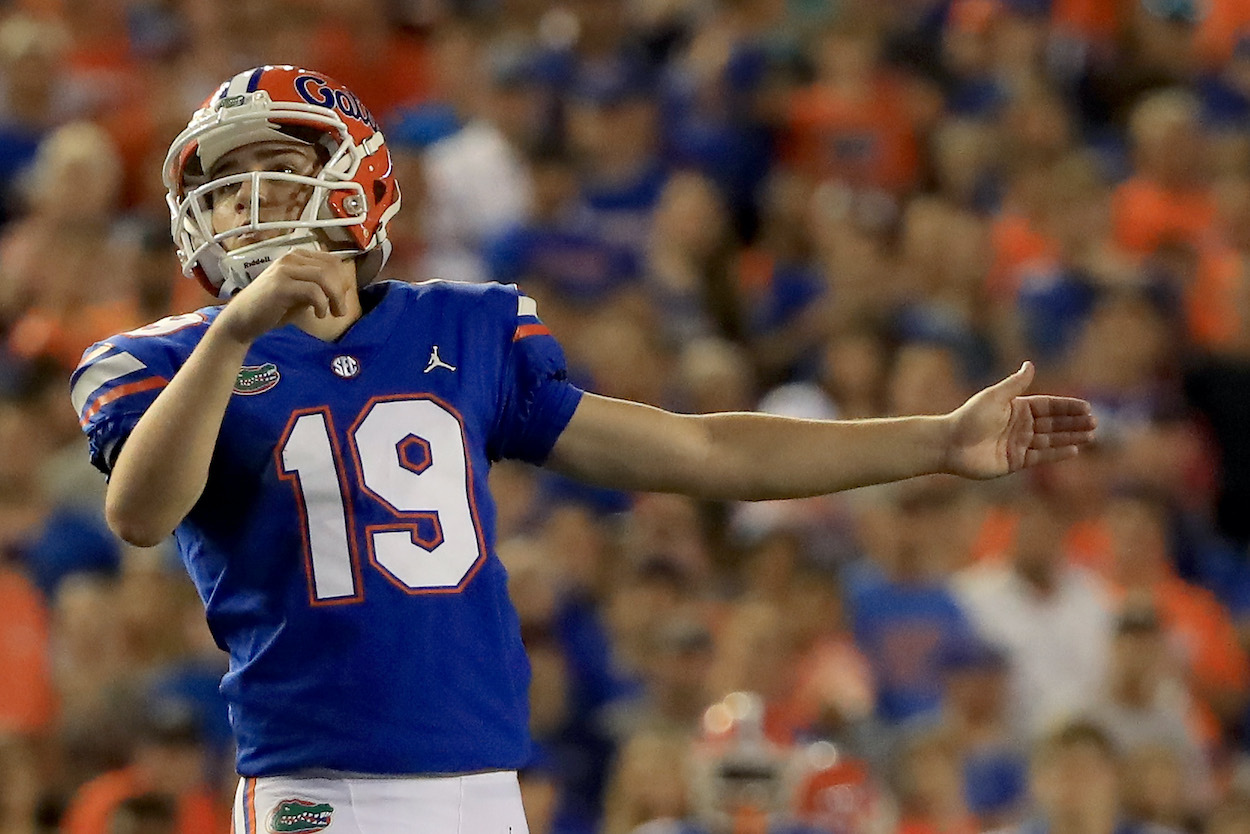 Cincinnati Bengals kicker Evan McPherson then of the Florida Gators watches his extra point attempt during the game against the Charleston Southern Buccaneers at Ben Hill Griffin Stadium on September 1, 2018 in Gainesville, Florida.