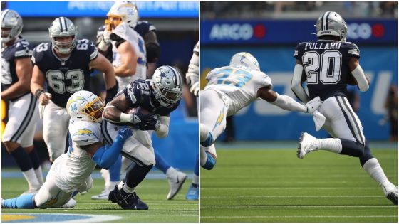 Ezekiel Elliott of the Dallas Cowboys and Kyzir White of the Los Angeles Chargers at SoFi Stadium on September 19, 2021; Los Angeles Chargers free safety Derwin James leaps to try and catch Dallas Cowboys running back Tony Pollard from behind at SoFi Stadium on September 19, 2021.