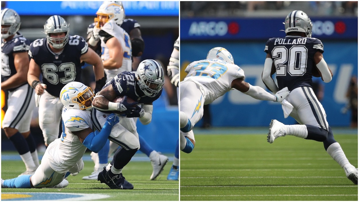 Ezekiel Elliott of the Dallas Cowboys and Kyzir White of the Los Angeles Chargers at SoFi Stadium on September 19, 2021; Los Angeles Chargers free safety Derwin James leaps to try and catch Dallas Cowboys running back Tony Pollard from behind at SoFi Stadium on September 19, 2021.