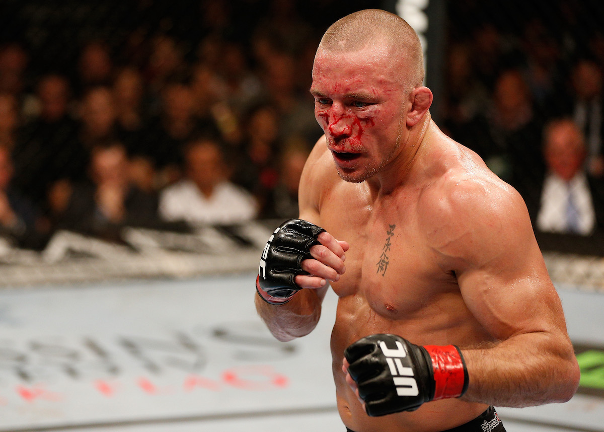 Georges St-Pierre stands in the Octagon during his UFC welterweight championship bout against Johny Hendricks in 2013