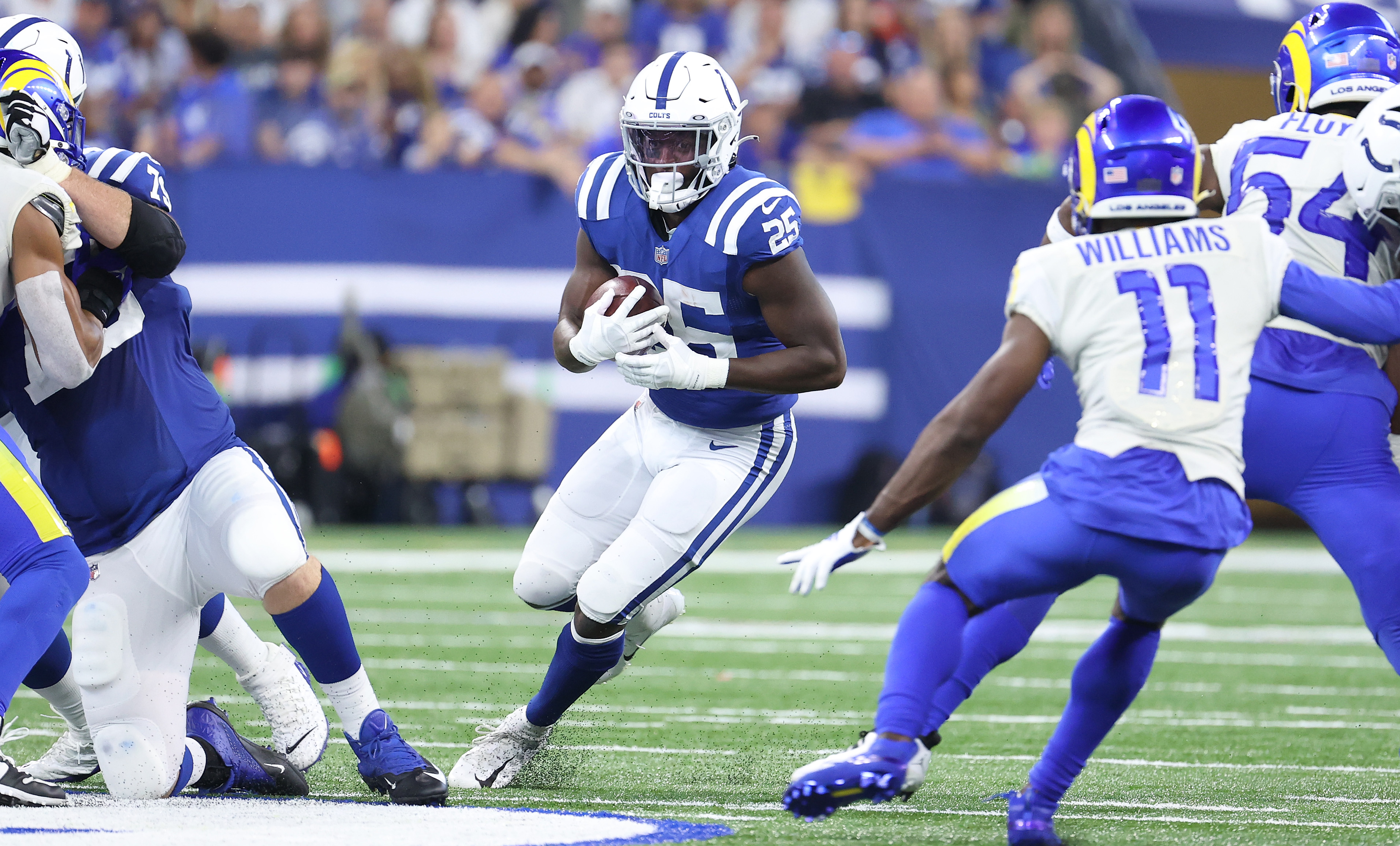 Indianapolis Colts running back Marlon Mack carries the ball against the Los Angeles Rams.