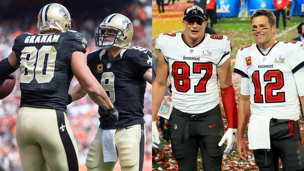 Jimmy Graham and Drew Brees celebrate a touchdown | Rob Gronkowski and Tom Brady celebrate Super Bowl win