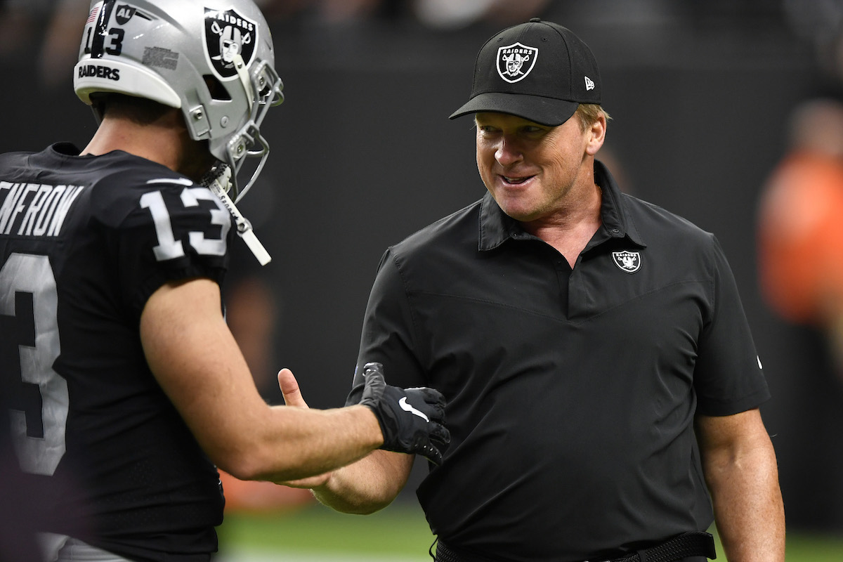 Head coach Jon Gruden interacts with wide receiver Hunter Renfrow of the Las Vegas Raiders