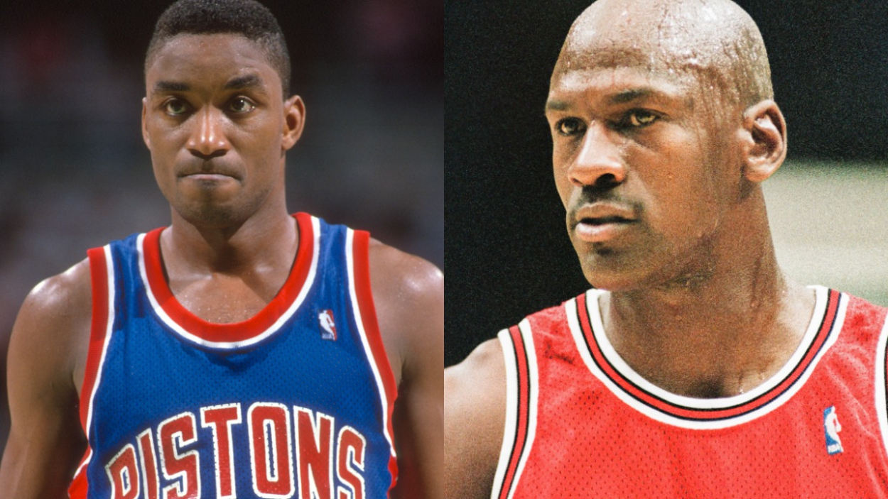 Detroit Pistons legend Isiah Thomas and Chicago Bulls great Michael Jordan.