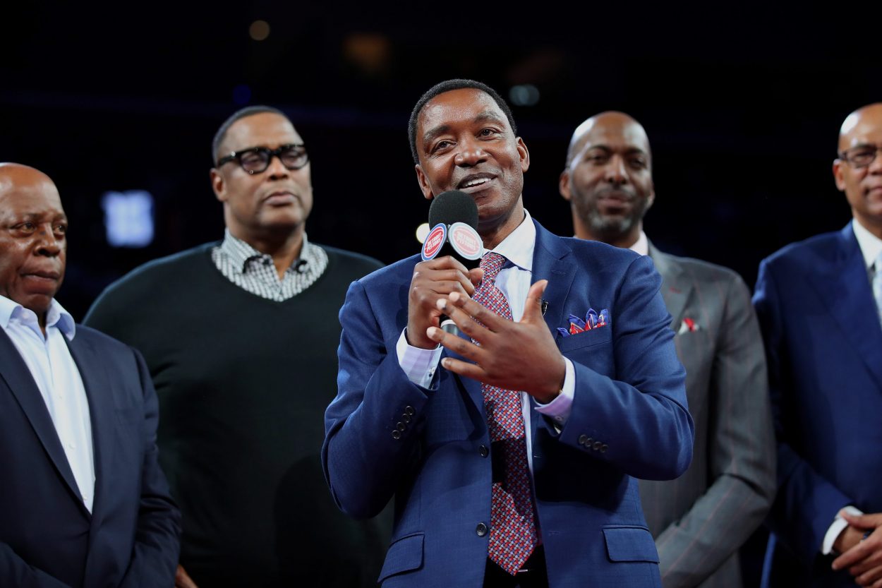 Isiah Thomas speaks during a celebration honoring the Pistons championship teams in 1989 and 1990