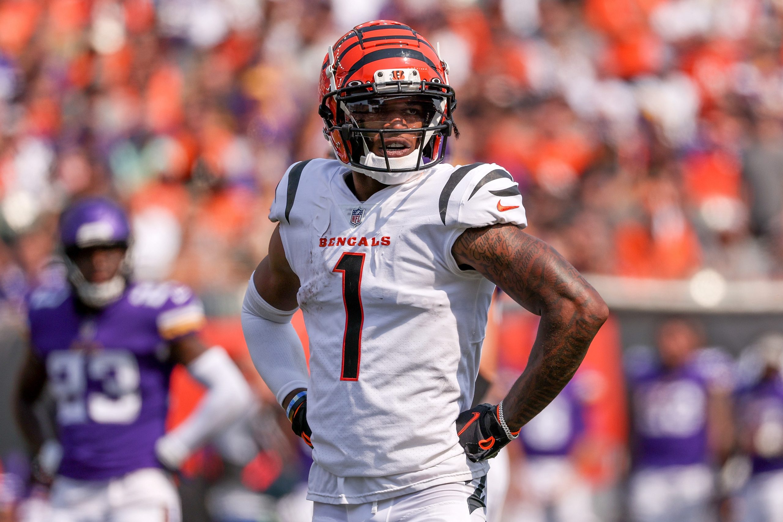 Ja'Marr Chase of the Cincinnati Bengals looks on in the third quarter against the Minnesota Vikings at Paul Brown Stadium on September 12, 2021 in Cincinnati, Ohio.