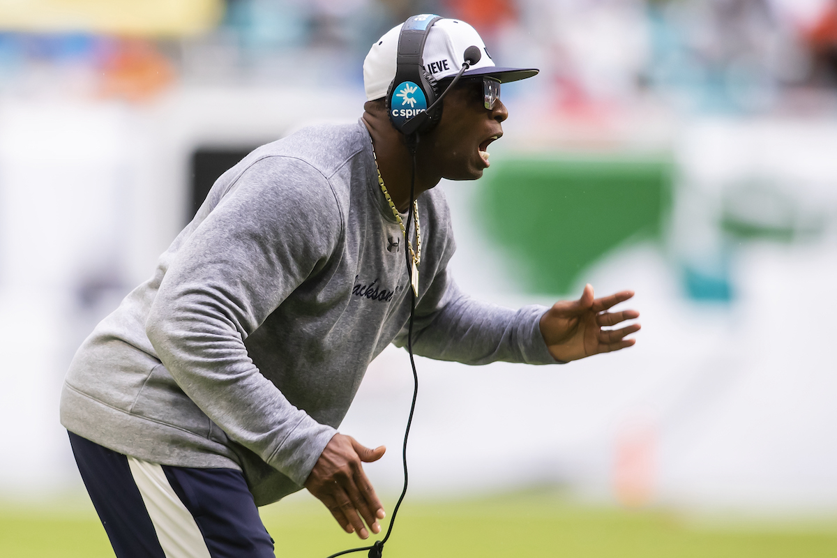 Jackson State Tigers head coach Deion Sanders directs his players