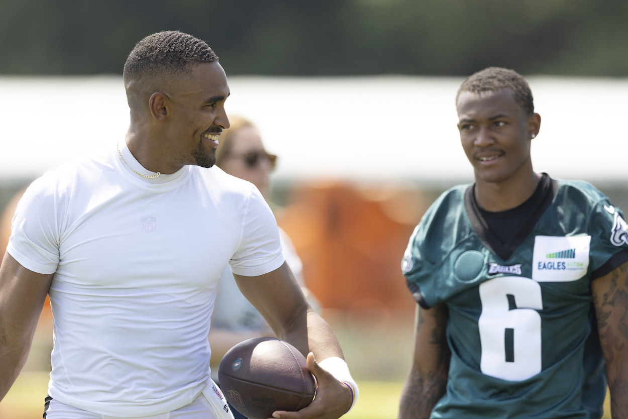 Jalen Hurts and DeVonta Smith during a Philadelphia Eagles practice.
