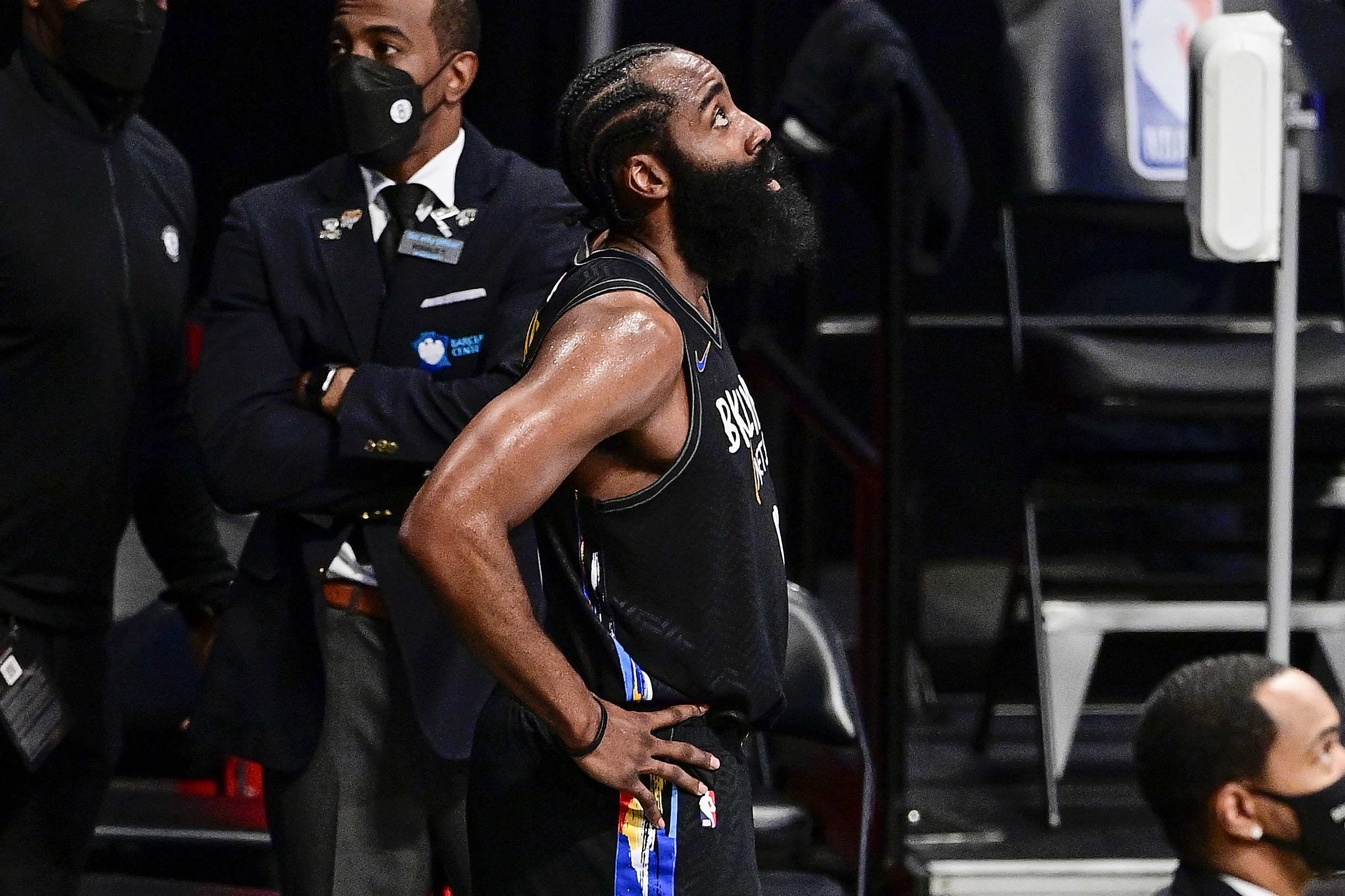 Nets star James Harden looks on during Game 5 of the Eastern Conference semifinals