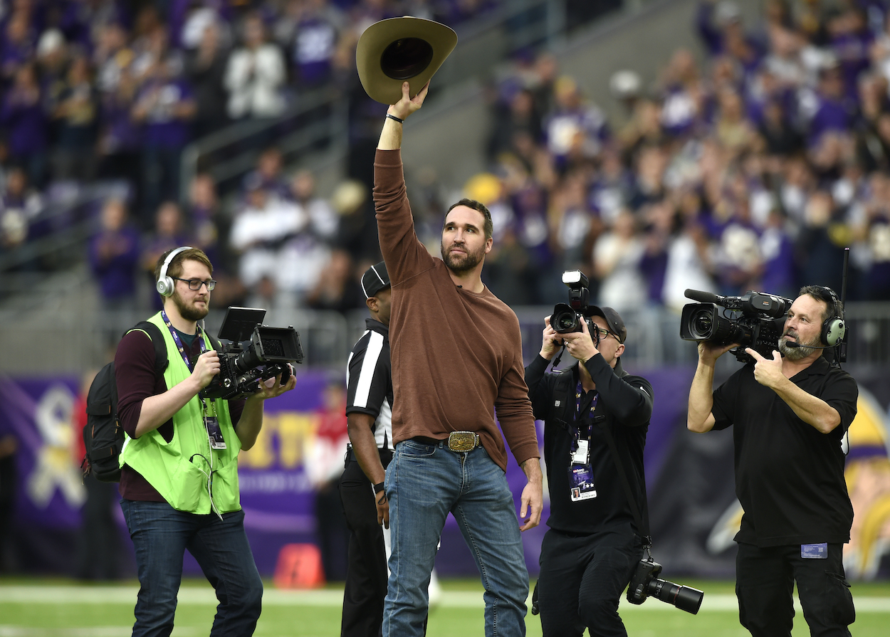 Former Minnesota Vikings player and Pro Football Hall of Fame nominee Jared Allen waves to the crowd after being introduced as an honorary captain before the game against the Los Angeles Rams on November 19, 2017 at U.S. Bank Stadium in Minneapolis, Minnesota.