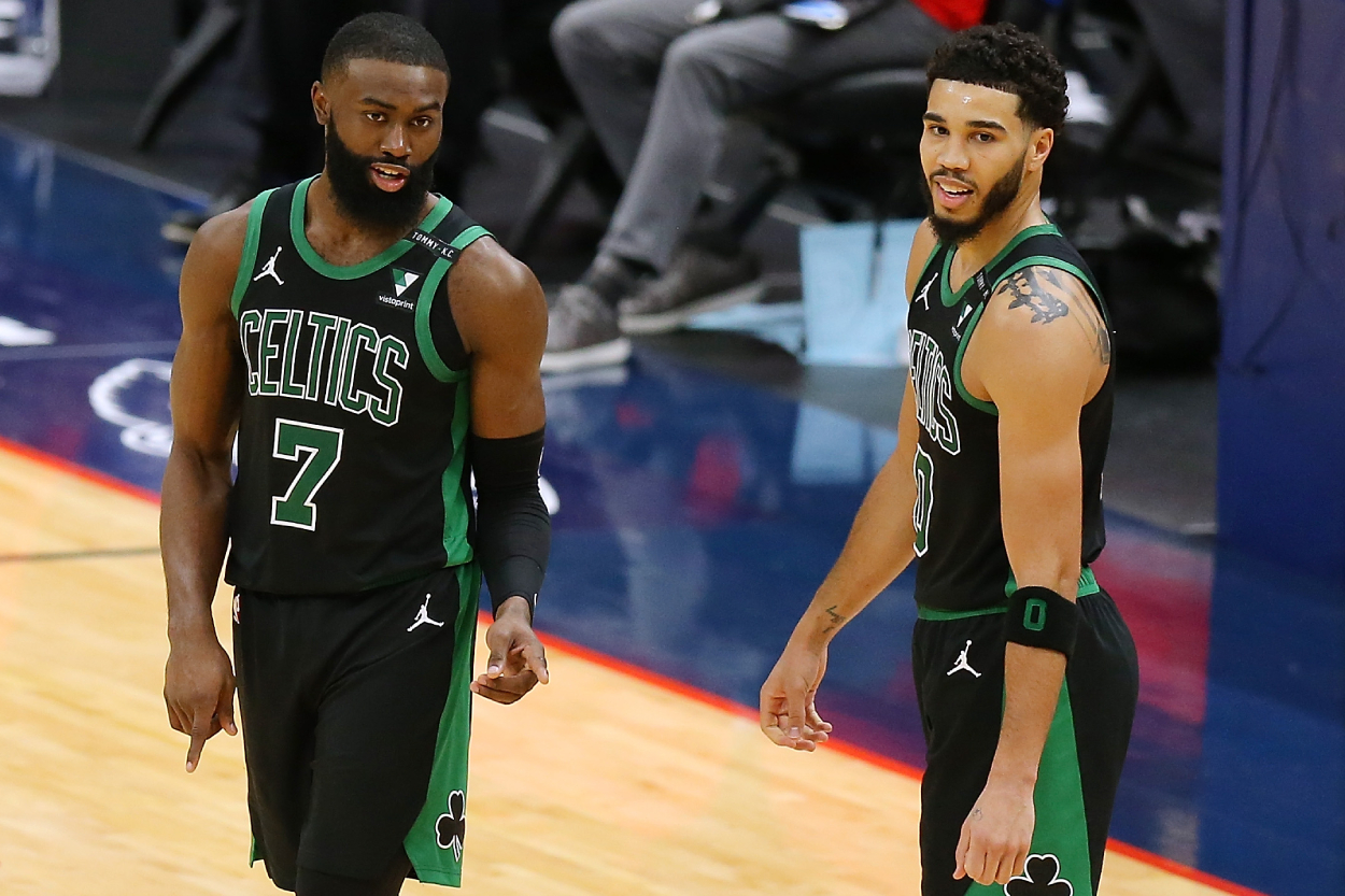 Boston Celtics stars Jaylen Brown and Jayson Tatum in 2021.