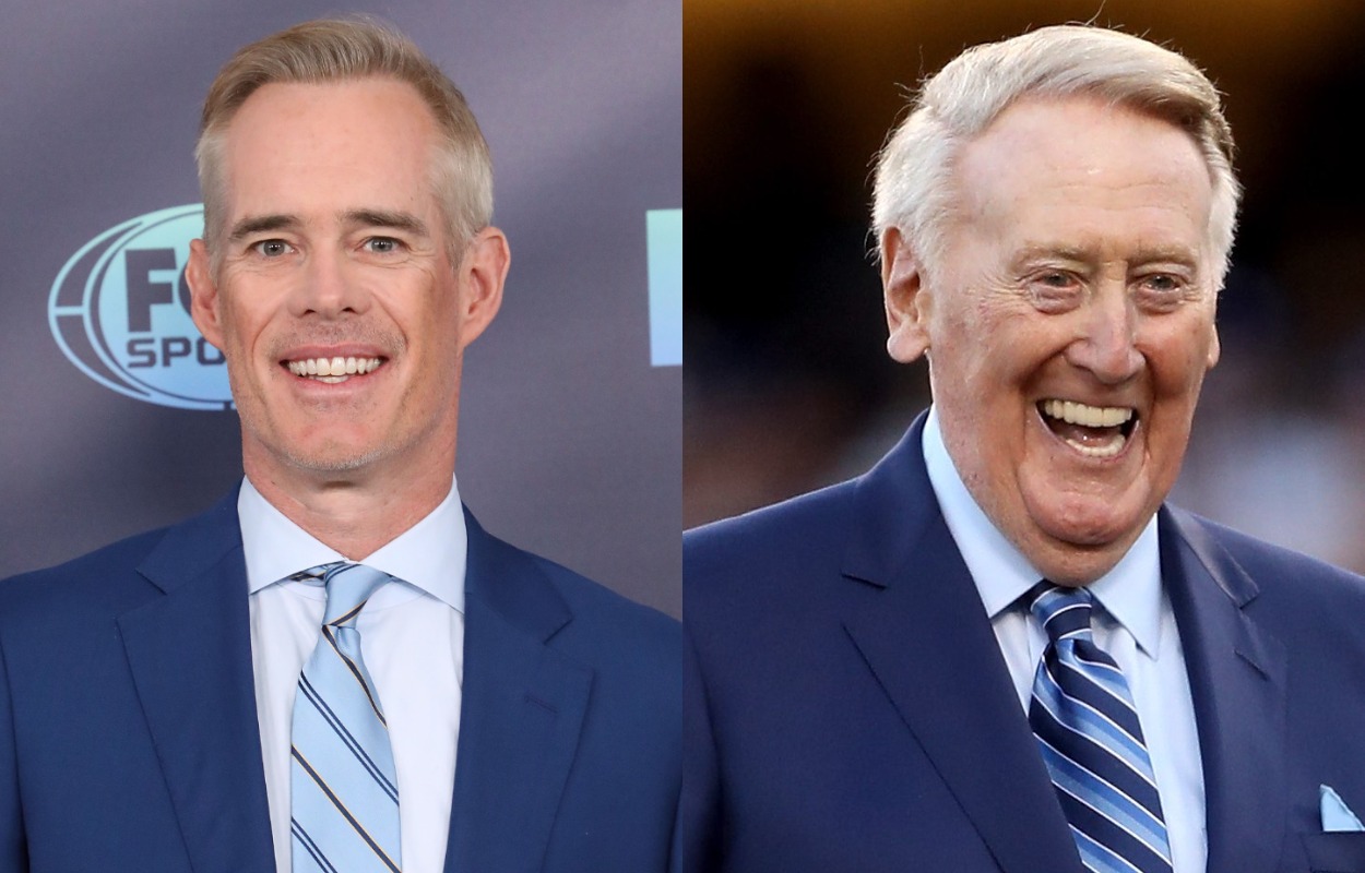 Fox Sports' Joe Buck (L) in 2019 and former Los Angeles Dodgers announcer Vin Scully in 2017.