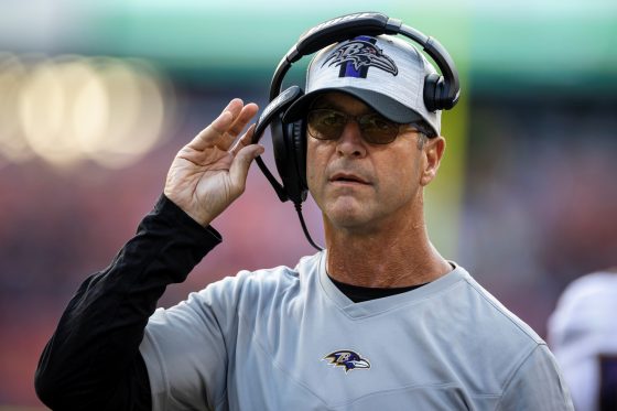Baltimore Ravens head coach John Harbaugh watches his team play against Washington in the preseason.
