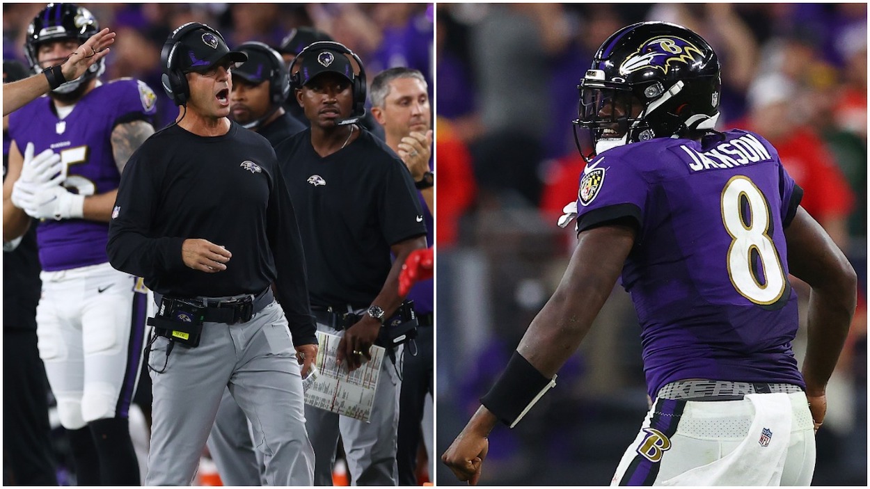 (L-R) Head coach John Harbaugh of the Baltimore Ravens reacts against the Kansas City Chiefs during the fourth quarter at M&T Bank Stadium on September 19, 2021; Lamar Jackson of the Baltimore Ravens celebrates a first down against the Kansas City Chiefs during the fourth quarter at M&T Bank Stadium on September 19, 2021.
