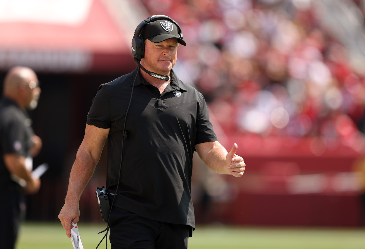 Jon Gruden during a Las Vegas Raiders preseason game.