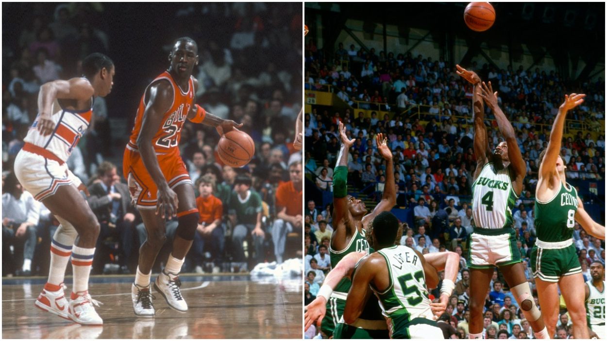 Bulls legend Michael Jordan dribbles and Bucks great Sidney Moncrief shoots in 1986