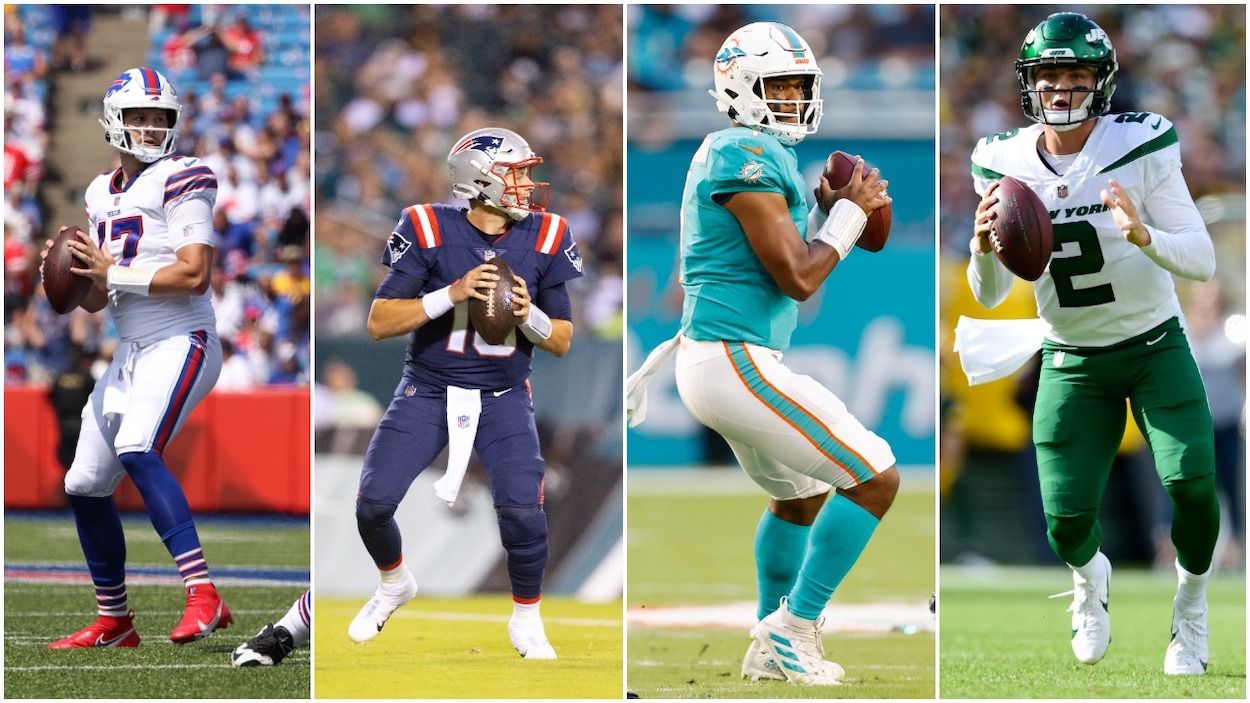 (L-R) AFC East quarterbacks Josh Allen, Mac Jones, Tua Tagovailoa, and Zach Wilson will be the first four QBs under 25 to start in the same division since 1973.