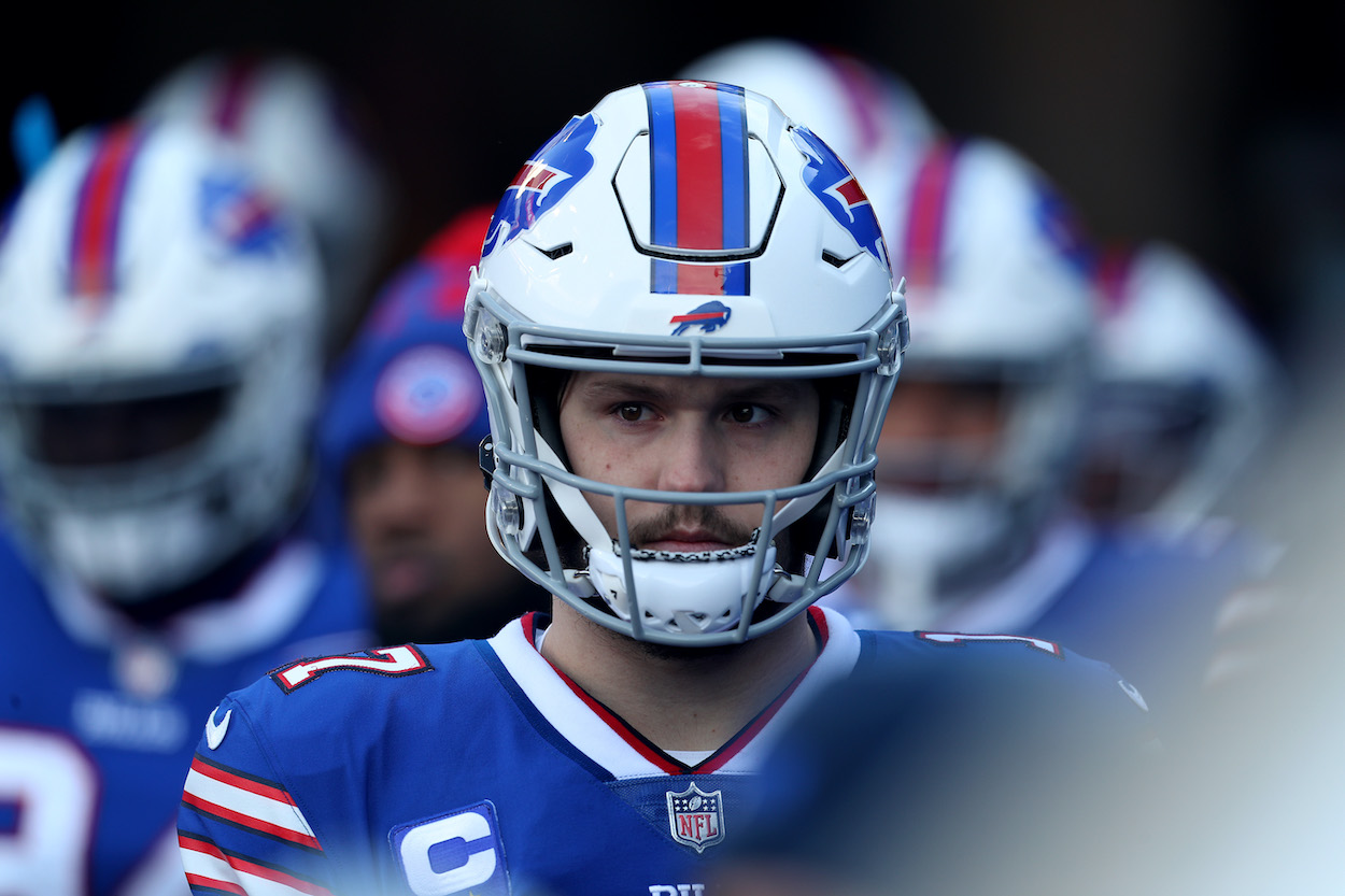 Josh Allen of the Buffalo Bills waits to take the field prior to an AFC Wild Card playoff game against the Indianapolis Colts at Bills Stadium on January 09, 2021 in Orchard Park, New York. The QB recently upset Bills Mafia by endorsing Buffalo Wild Wings.