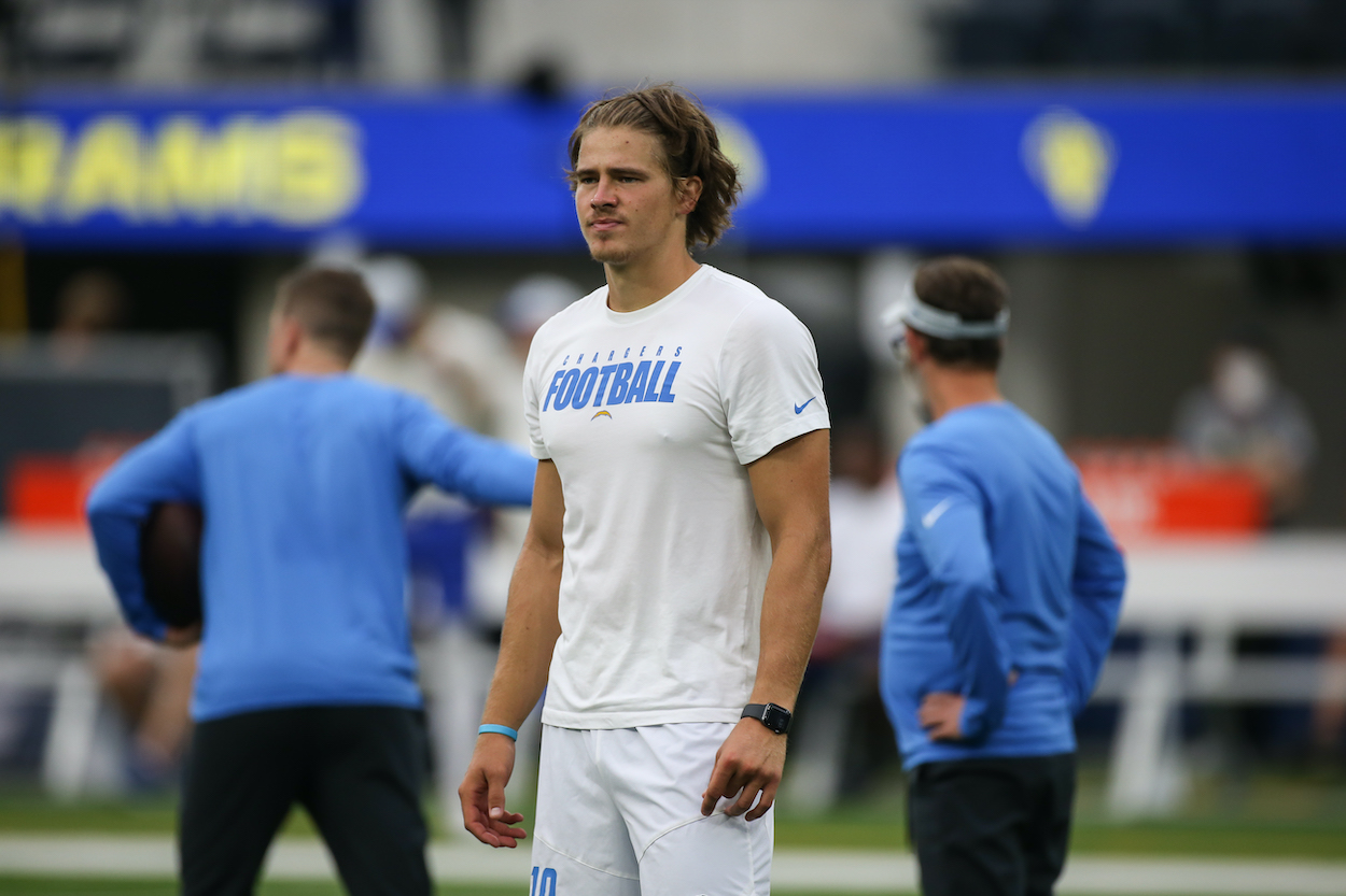 Los Angeles Chargers quarterback Justin Herbert during the Los Angeles Chargers versus the Los Angeles Rams preseason NFL game on August 14, 2021, at SoFi Stadium in Inglewood, CA.