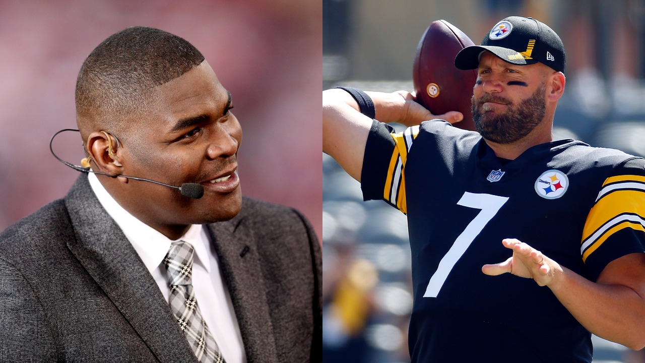Keyshawn Johnson on camera discussing an NFL game | Steelers quarterback Ben Roethlisberger warming up