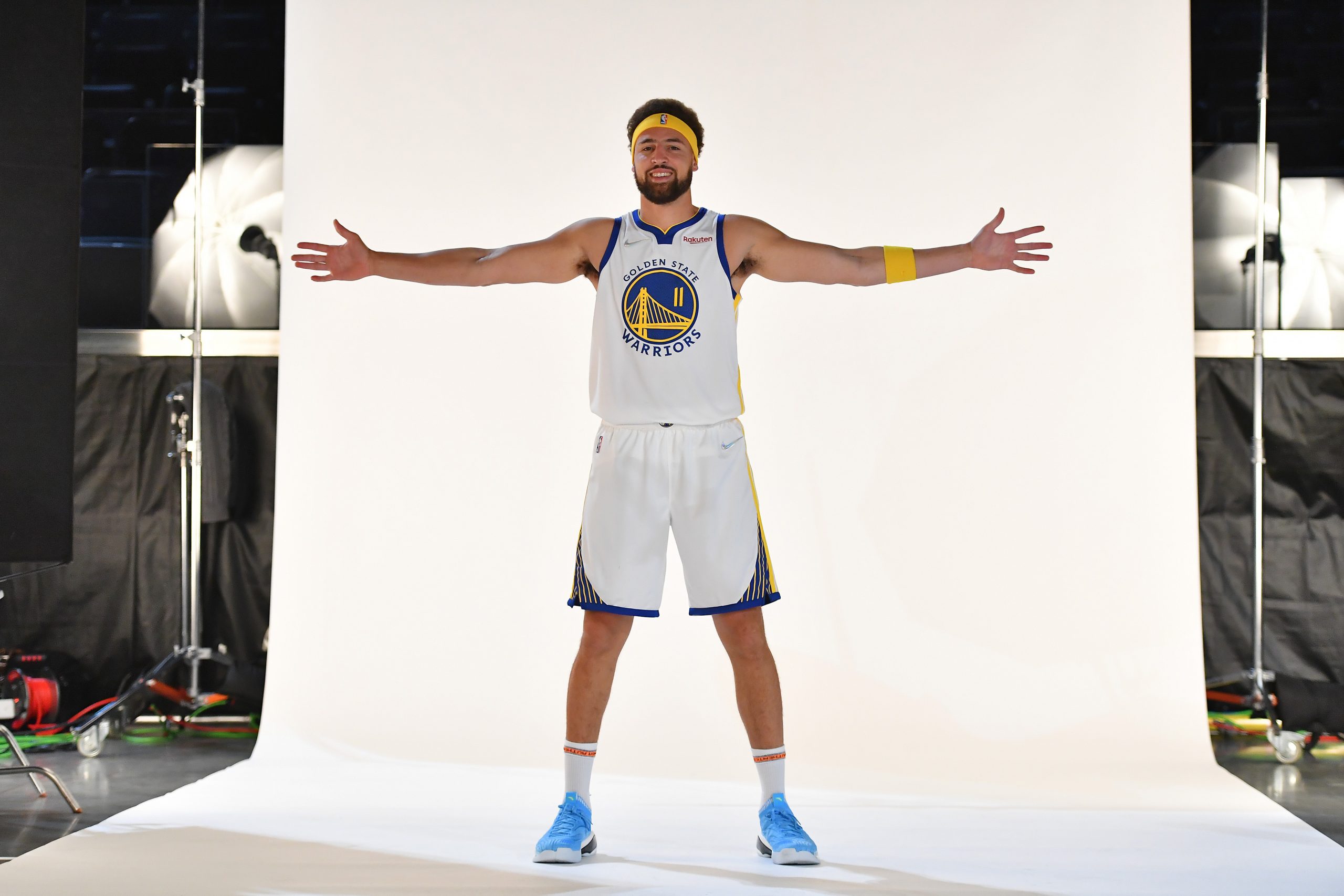 Golden State Warriors Klay Thompson poses for a photograph during media day.
