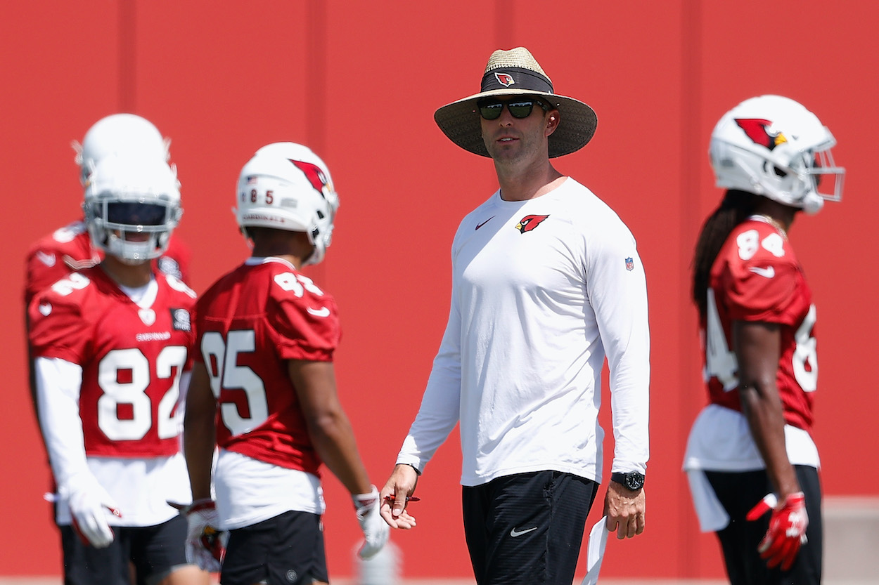 Head coach Kliff Kingsbury of the Arizona Cardinals participates in an off-season workout at Dignity Health Arizona Cardinals Training Center on June 09, 2021 in Tempe, Arizona.