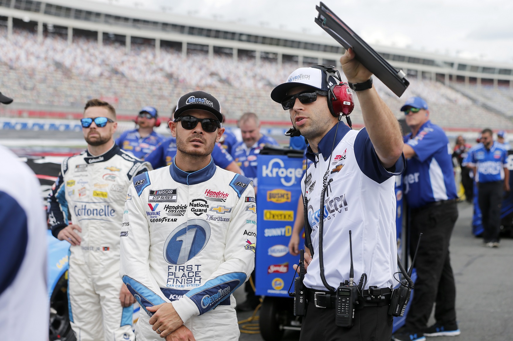Kyle Larson and crew chief Cliff Daniels talk on the grid during qualifying for the NASCAR Cup Series Coca-Cola 600 at Charlotte Motor Speedway on May 29, 2021. | Brian Lawdermilk/Getty Images