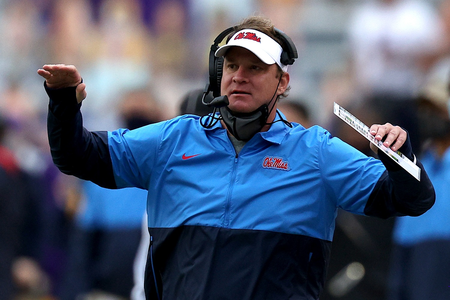 Head coach Lane Kiffin of the Mississippi Rebels reacts to a call during a game against the LSU Tigers on Dec. 19, 2020.