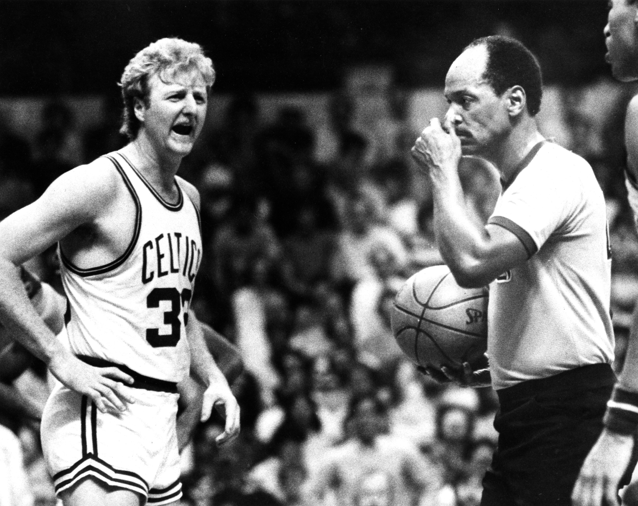 Boston Celtics' Larry Bird reacts to a second-half foul call during Game 1 of the 1984 NBA Finals.