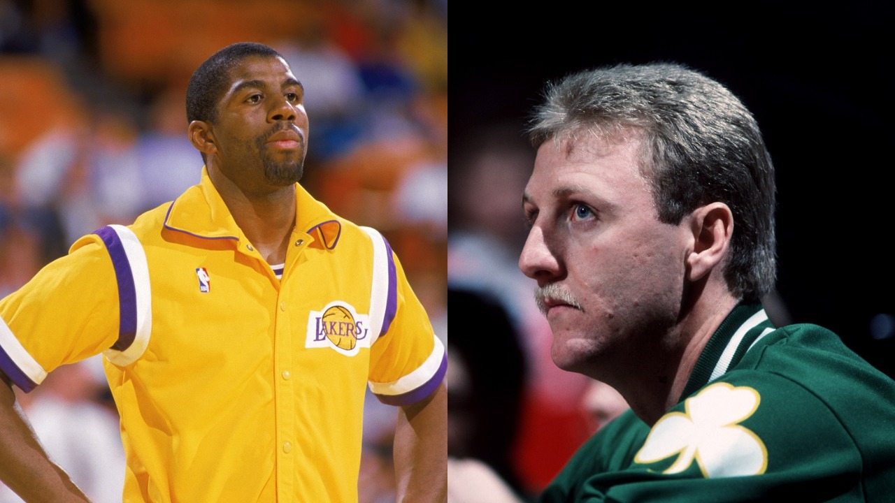 Lakers point guard Magic Johnson and Celtics forward Larry Bird