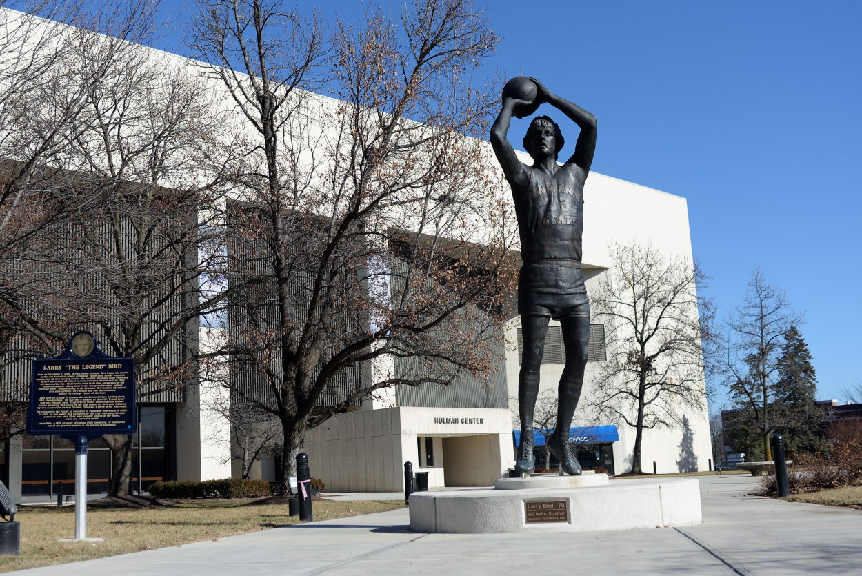 A statue of Larry Bird outside Indiana State University.