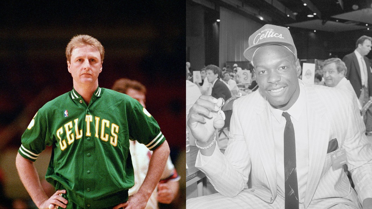 An image of former Boston Celtics forward Larry Bird reacting to a play during an NBA game alongside an image of Len Bias celebrating being selected with the second overall pick by the Boston Celtics in the 1986 NBA Draft