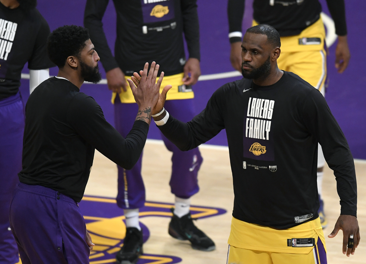 Los Angeles Lakers stars Anthony Davis and LeBron James during the 2021 NBA playoffs.