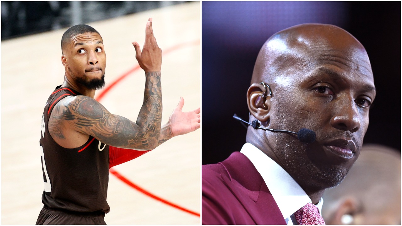 Portland Trail Blazers star Damian Lillard reacts during the playoffs and Chauncey Billups on the headset during the 2019 NBA Draft