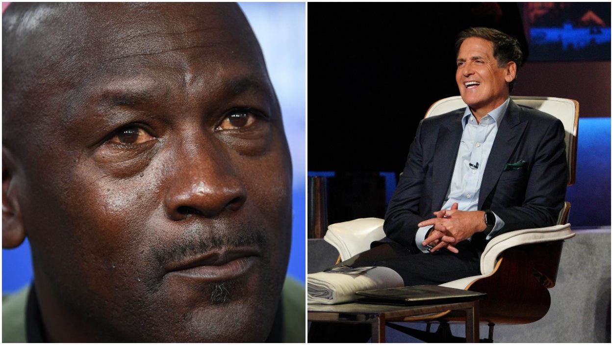 Hornets governor Michael Jordan at a press conference and Mavericks governor Mark Cuban on the set of Shark Tank