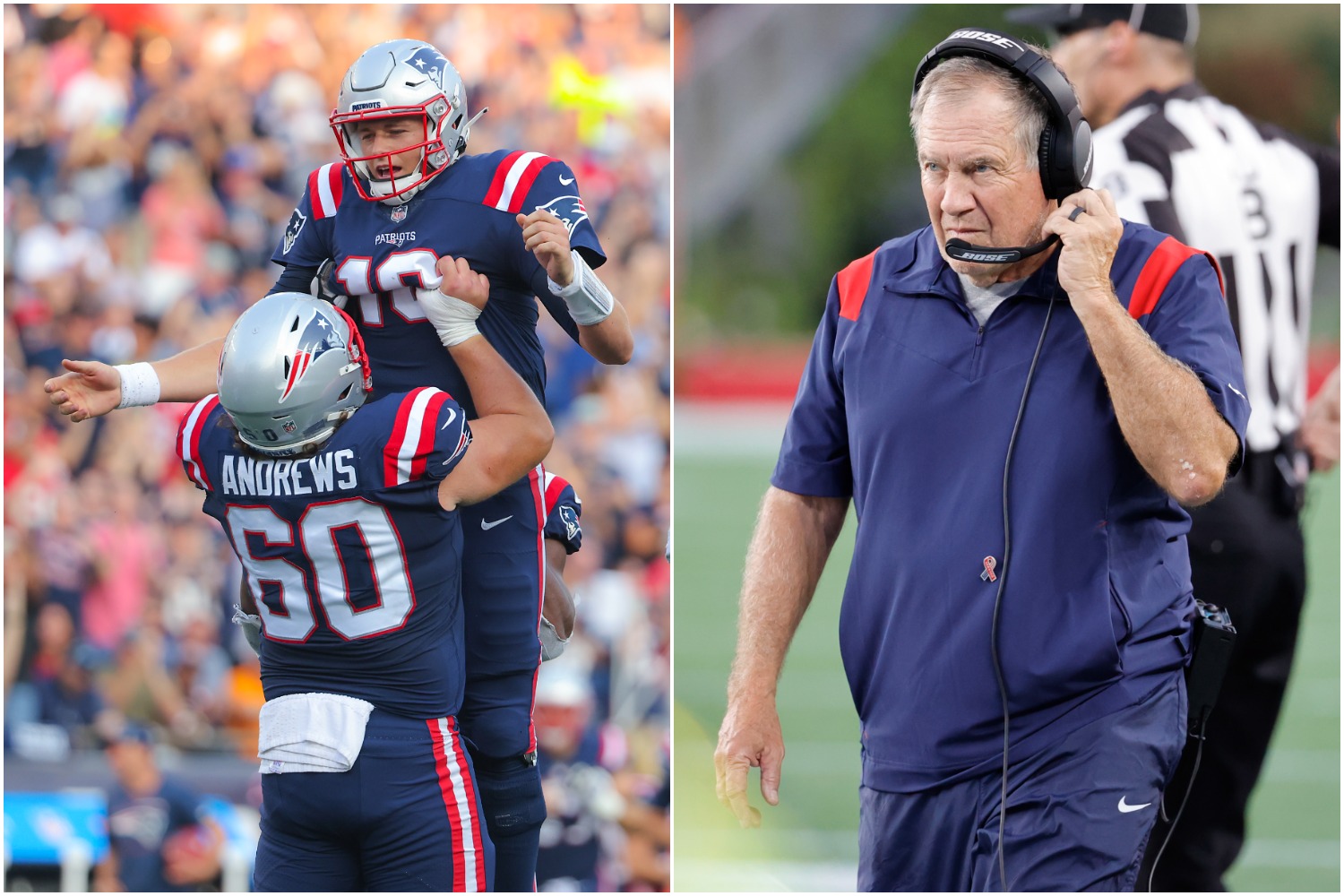 New England Patriots center David Andrews lifts quarterback Mac Jones in the air to celebrate a touchdown while Bill Belichick watches from the sidelines.